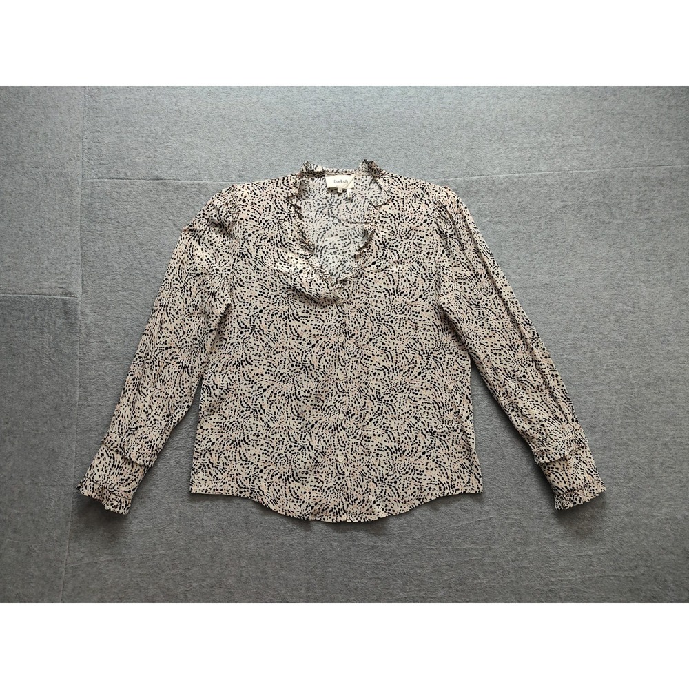 Ba&Sh Women Top M Brown Inti Print V Neck Ruffle Button Front Long Sleeve Casual